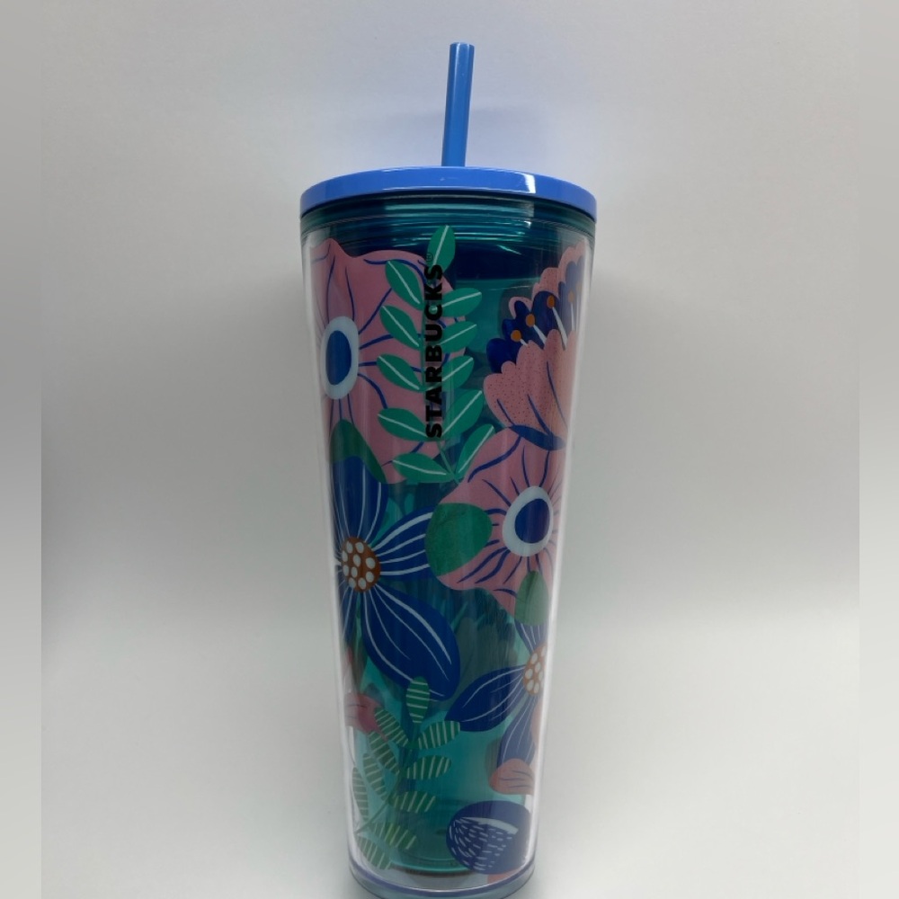 Starbucks Tumbler Spring 2020 Blue Pink Floral Flower Acrylic Cold Cup 24 Ounce